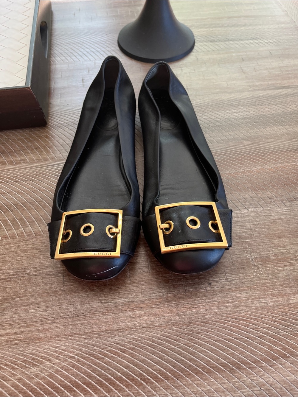Black GUCCI Leather Ballet Flats with Gold Buckle